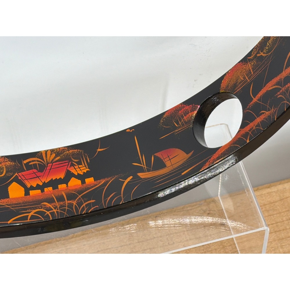Vintage Asian Lacquer Balancing Wine Bottle Holder Hand Painted Landscape Black